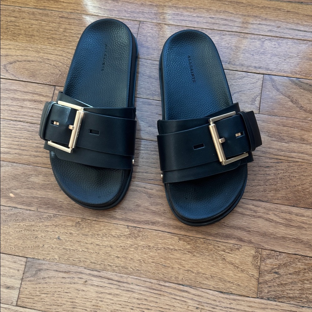 All Saints Black and Gold Slide Sandals with Modern Design - like new